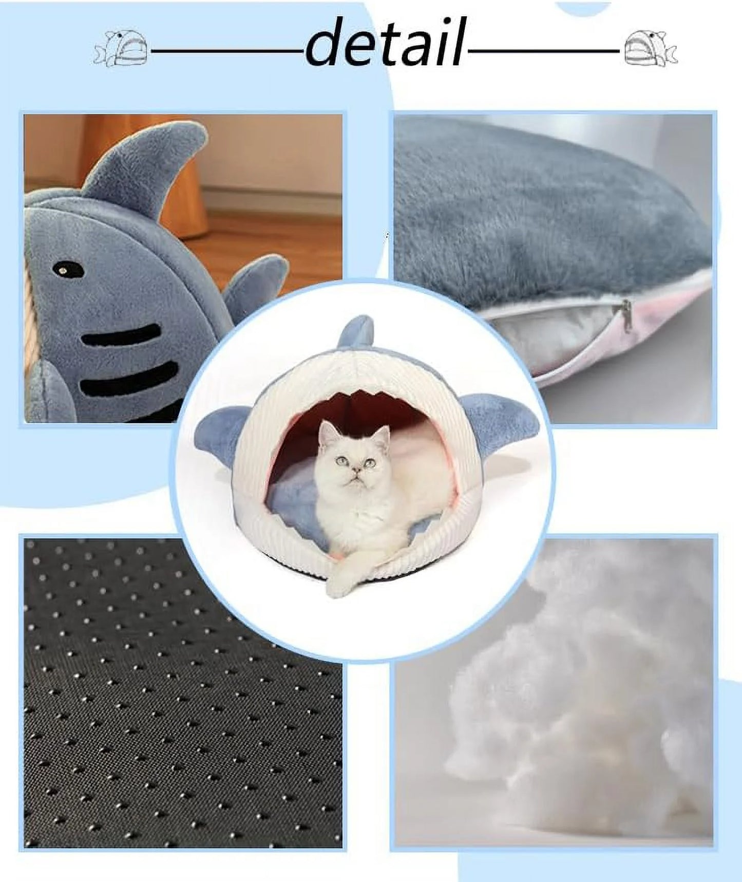 Shark Shape Cat Cave Bed with Thick Cushion, Kitten Soft Warm House for Indoor Cats, Cute Cat Tent with Removable Washable Cushioned Pillow, Anti-Slip Bottom Cat Hut Sleeping Bag-(Gray,S)