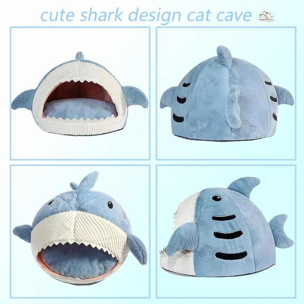 Shark Shape Cat Cave Bed with Thick Cushion, Kitten Soft Warm House for Indoor Cats, Cute Cat Tent with Removable Washable Cushioned Pillow, Anti-Slip Bottom Cat Hut Sleeping Bag-(Gray,S)