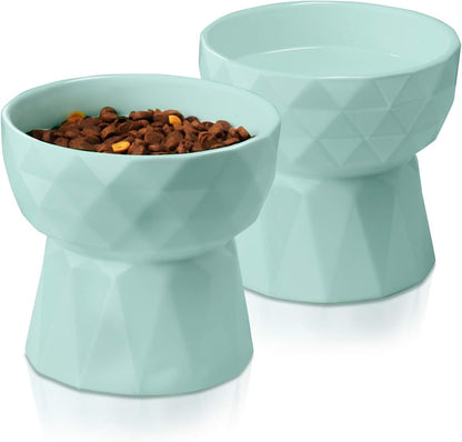 Ceramic Cat Bowls Anti-Vomiting - Raised Food and Water Bowl Set for Cats and Small Dogs, 13.5 Oz, Green