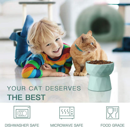 Ceramic Cat Bowls Anti-Vomiting - Raised Food and Water Bowl Set for Cats and Small Dogs, 13.5 Oz, Green