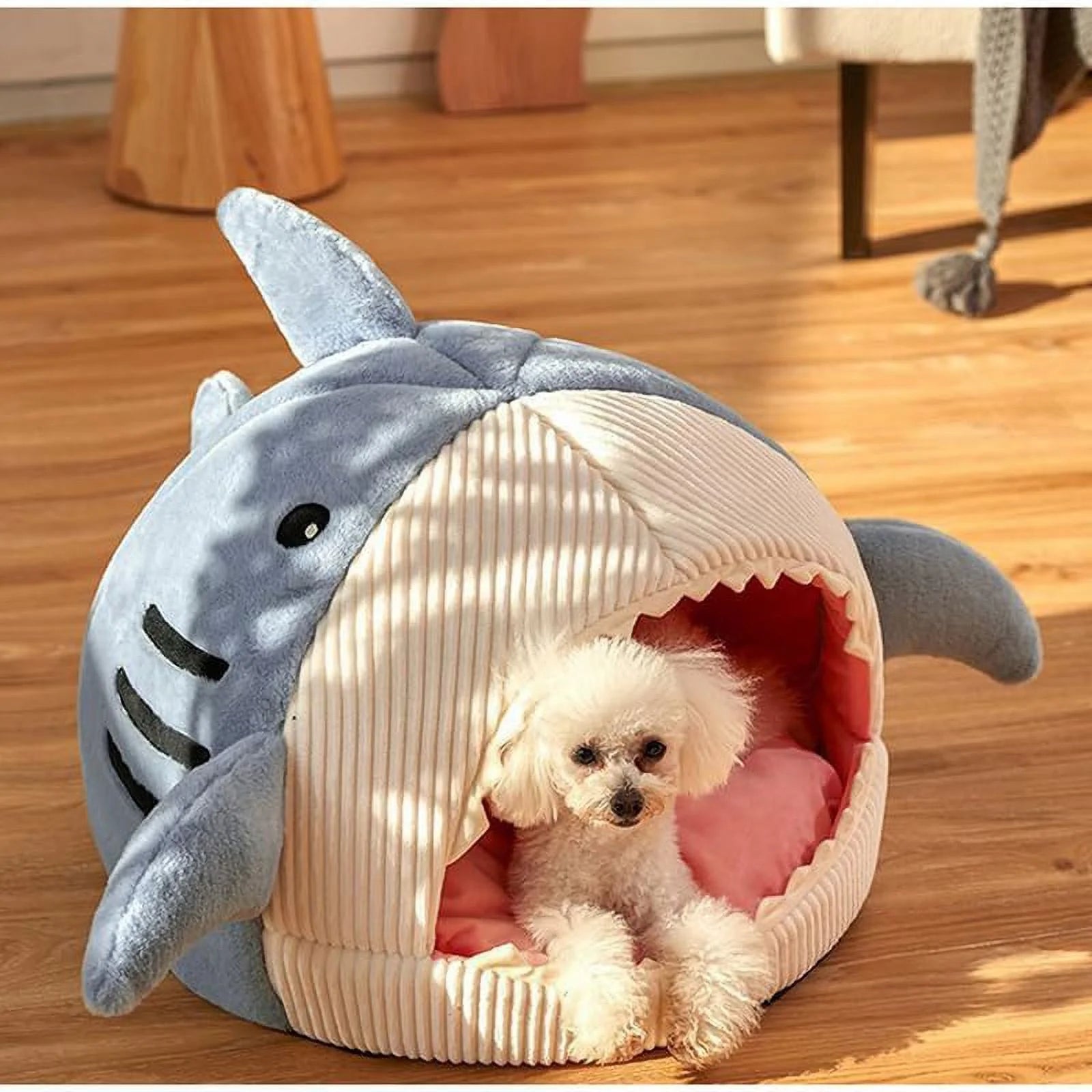 Shark Shape Cat Cave Bed with Thick Cushion, Kitten Soft Warm House for Indoor Cats, Cute Cat Tent with Removable Washable Cushioned Pillow, Anti-Slip Bottom Cat Hut Sleeping Bag-(Gray,S)