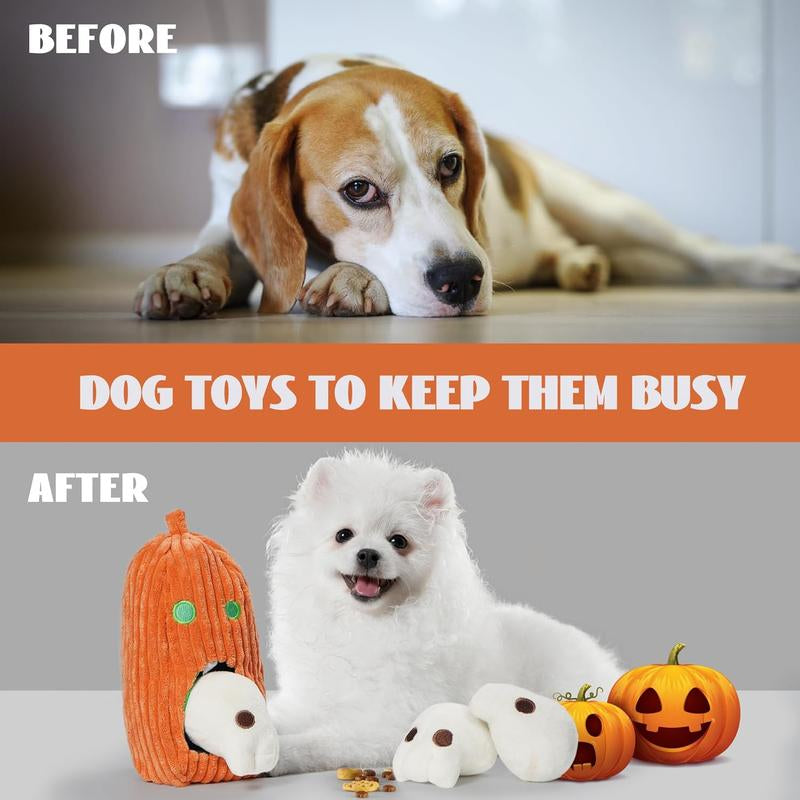 Nocciola 4 Packs Burroween Dog Toys for Halloween,Christmas Gift,Spooky Pumpkin Burrow with 3 Squeaky Skulls,Hide and Seek Dog Toys