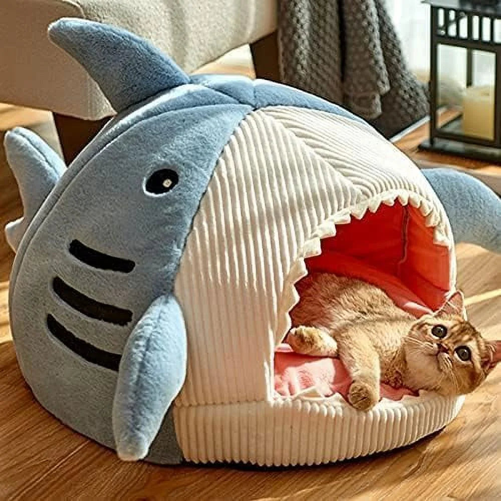 Shark Shape Cat Cave Bed with Thick Cushion, Kitten Soft Warm House for Indoor Cats, Cute Cat Tent with Removable Washable Cushioned Pillow, Anti-Slip Bottom Cat Hut Sleeping Bag-(Gray,S)