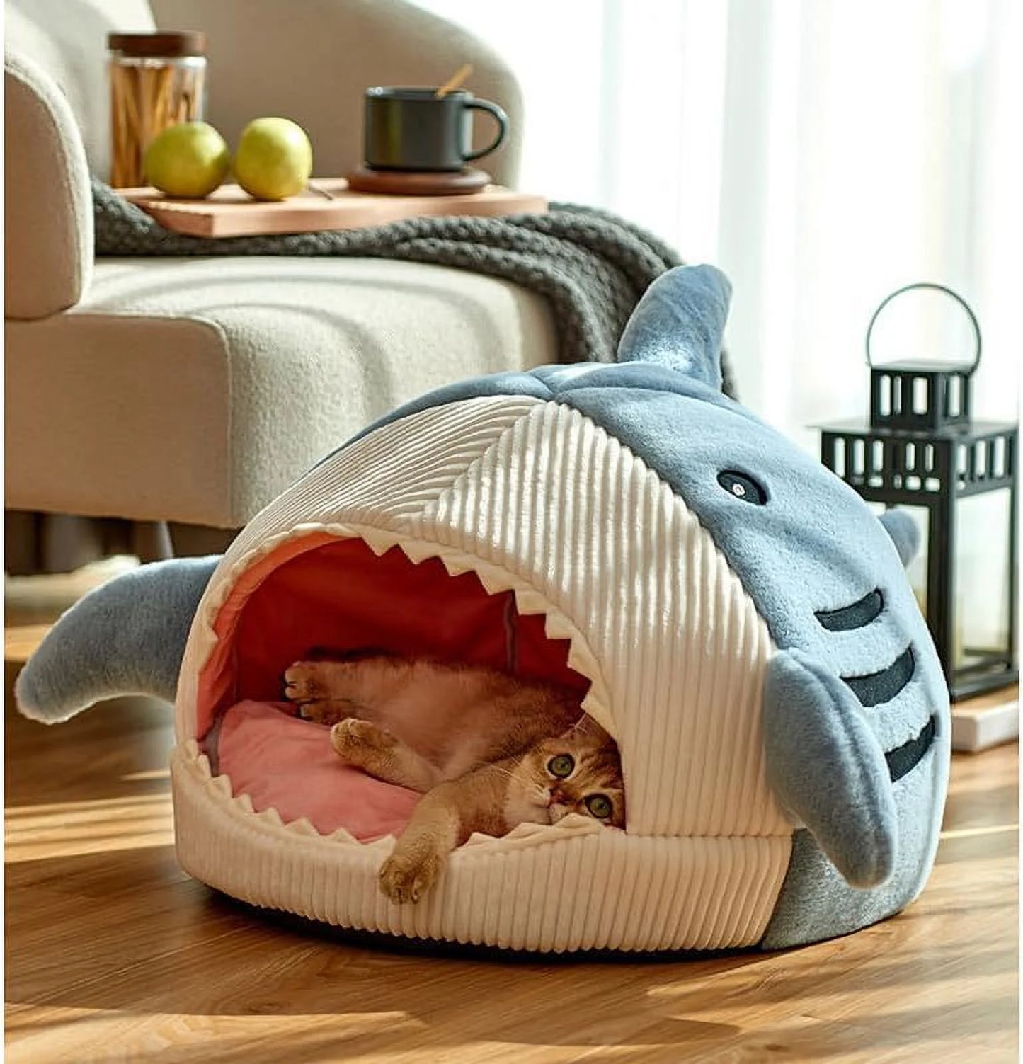 Shark Shape Cat Cave Bed with Thick Cushion, Kitten Soft Warm House for Indoor Cats, Cute Cat Tent with Removable Washable Cushioned Pillow, Anti-Slip Bottom Cat Hut Sleeping Bag-(Gray,S)