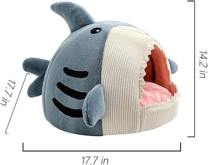 Shark Shape Cat Cave Bed with Thick Cushion, Kitten Soft Warm House for Indoor Cats, Cute Cat Tent with Removable Washable Cushioned Pillow, Anti-Slip Bottom Cat Hut Sleeping Bag-(Gray,S)